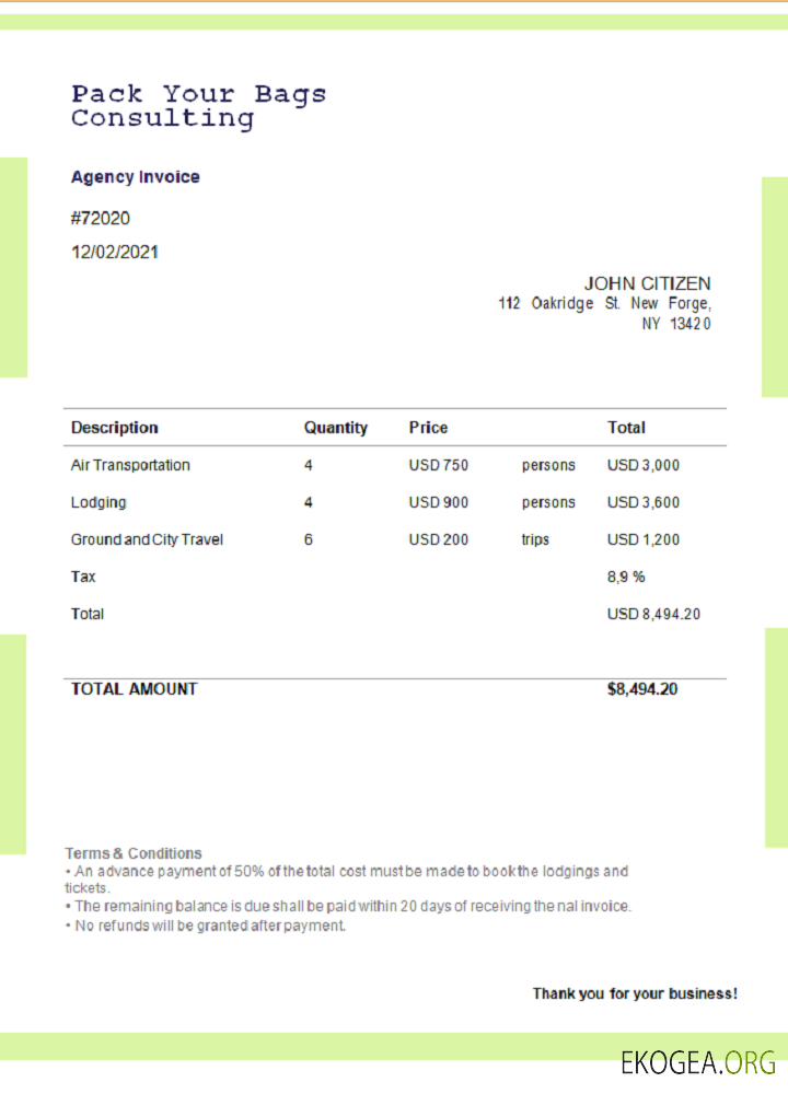 USA Pack Your Bags Facture de consultation